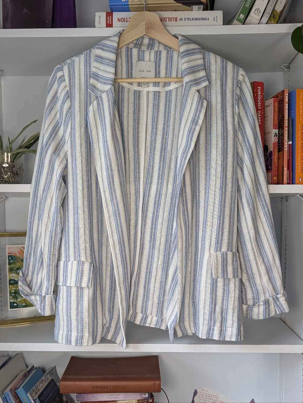 Love Tree Women's Blue & White Linen Blend Striped Blazer Jacket Size Medium